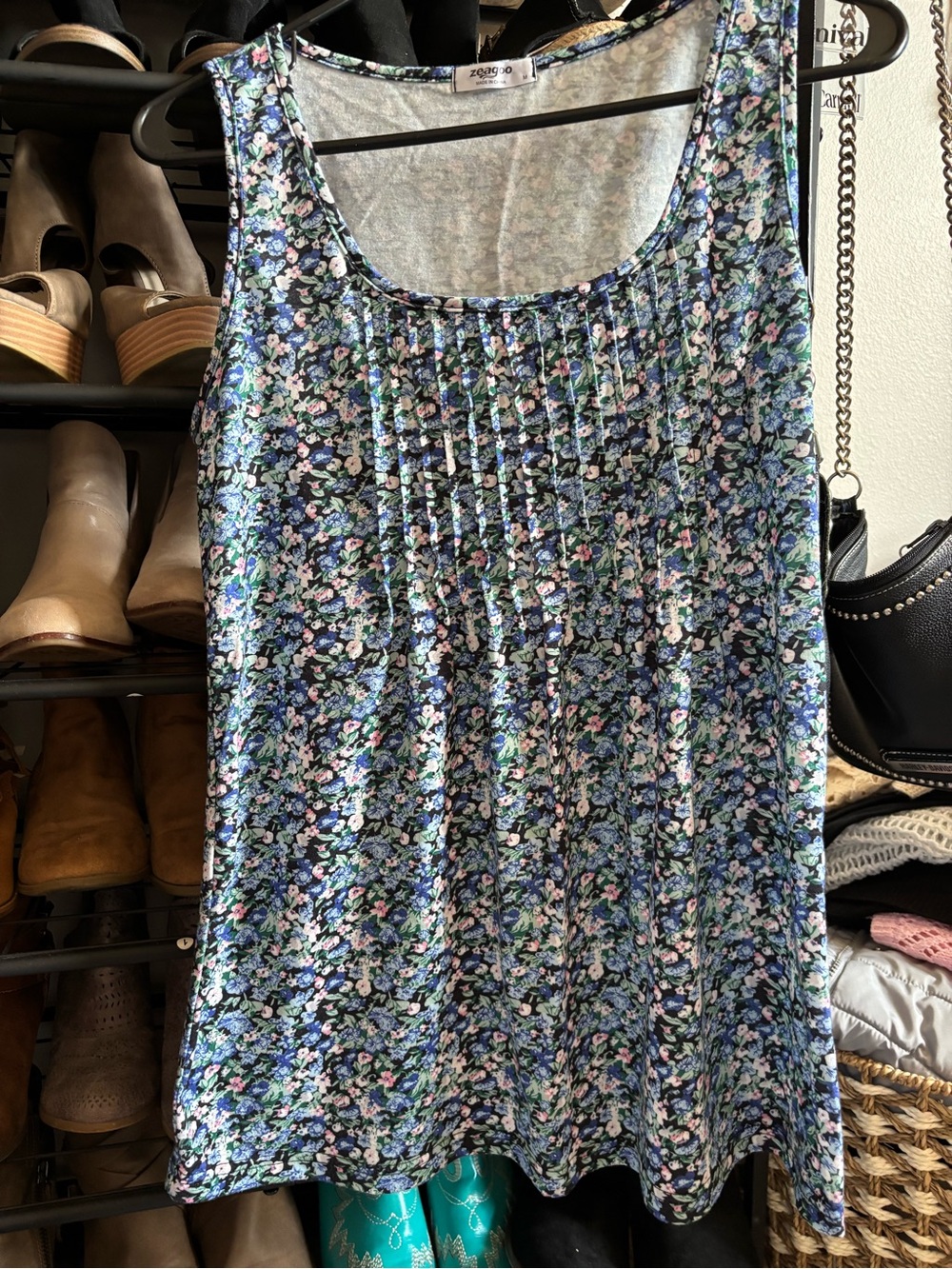 zeagoo Floral Trim Top in Blue and Green